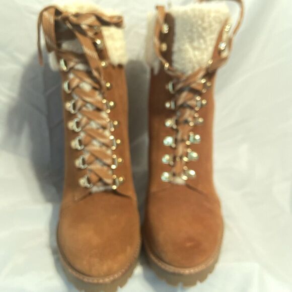 NEW GB GIANNI BINI Luggage Tan Suede Boot Heels‎ 9M NIB $110 - Picture 1 of 11